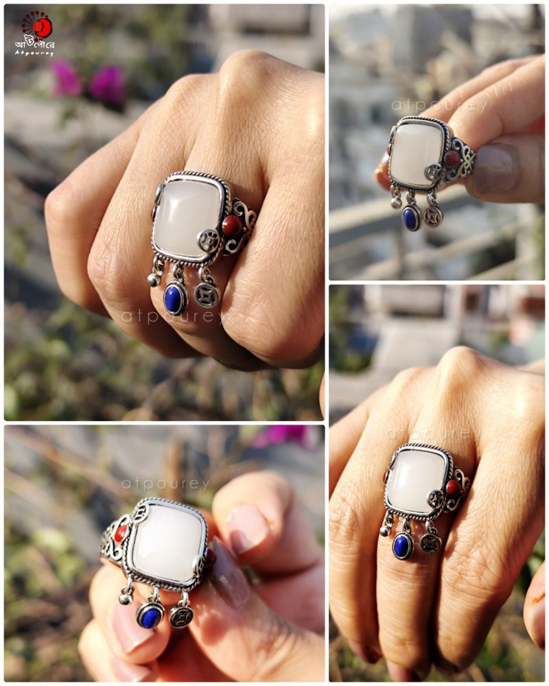 Style with silver rings white jade