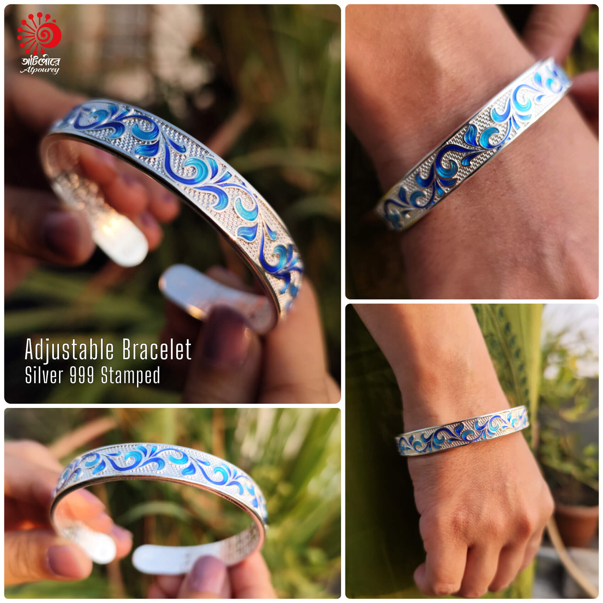 Adjustable Bracelet with 999 Stamped Blue enamel work - Image 4