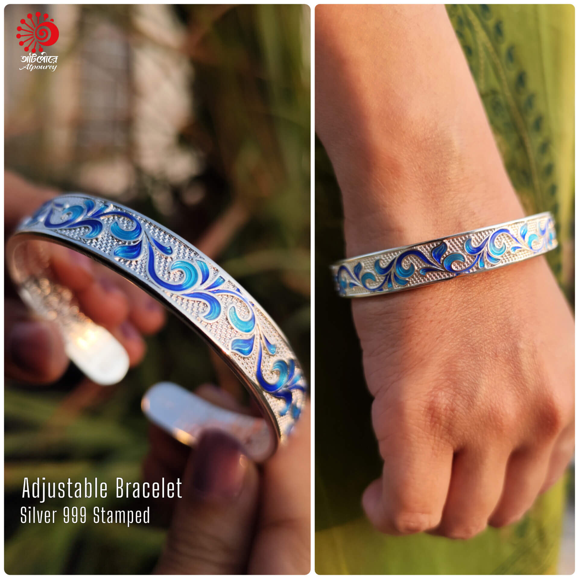 Adjustable Bracelet with 999 Stamped Blue enamel work - Image 3