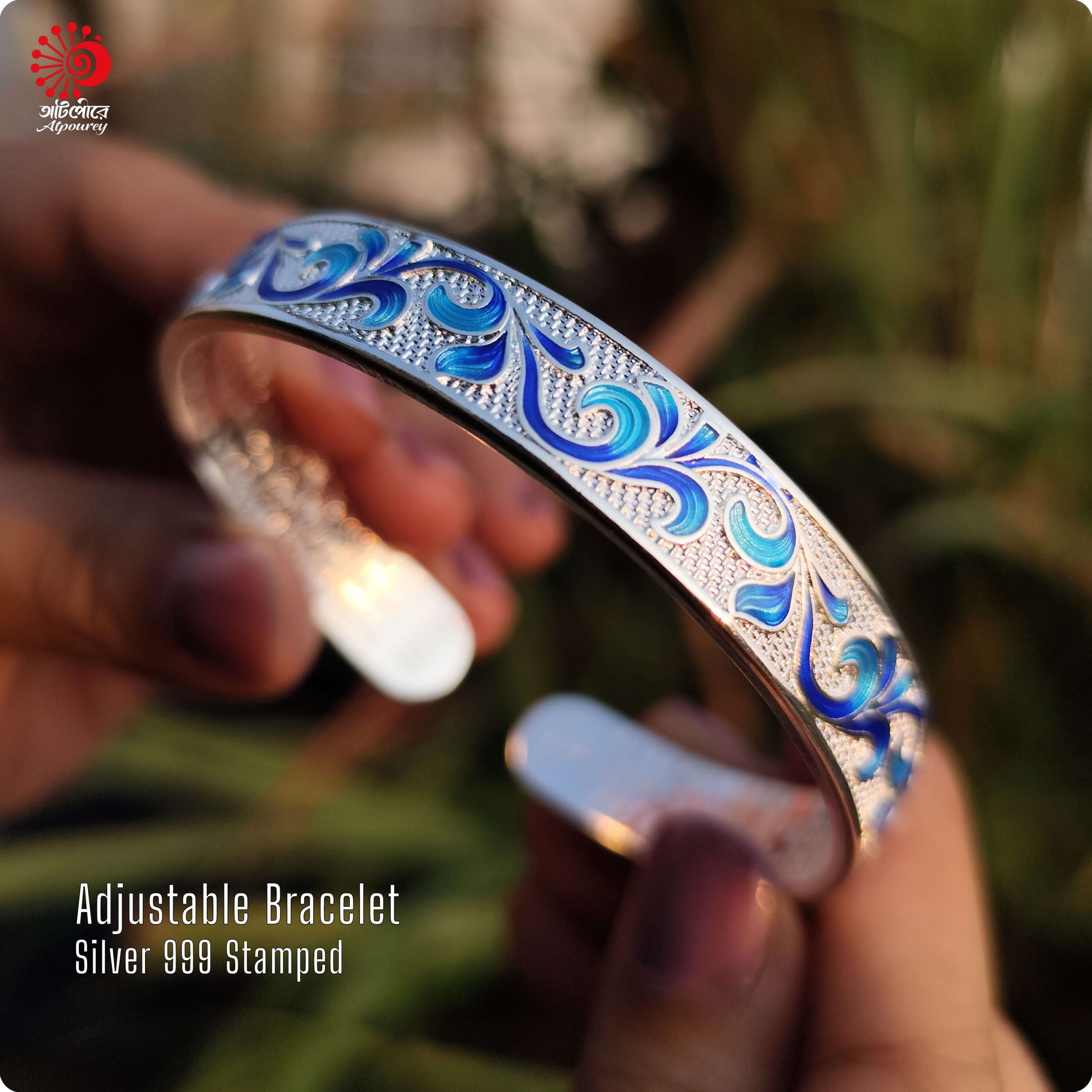 Adjustable Bracelet with 999 Stamped Blue enamel work - Image 2