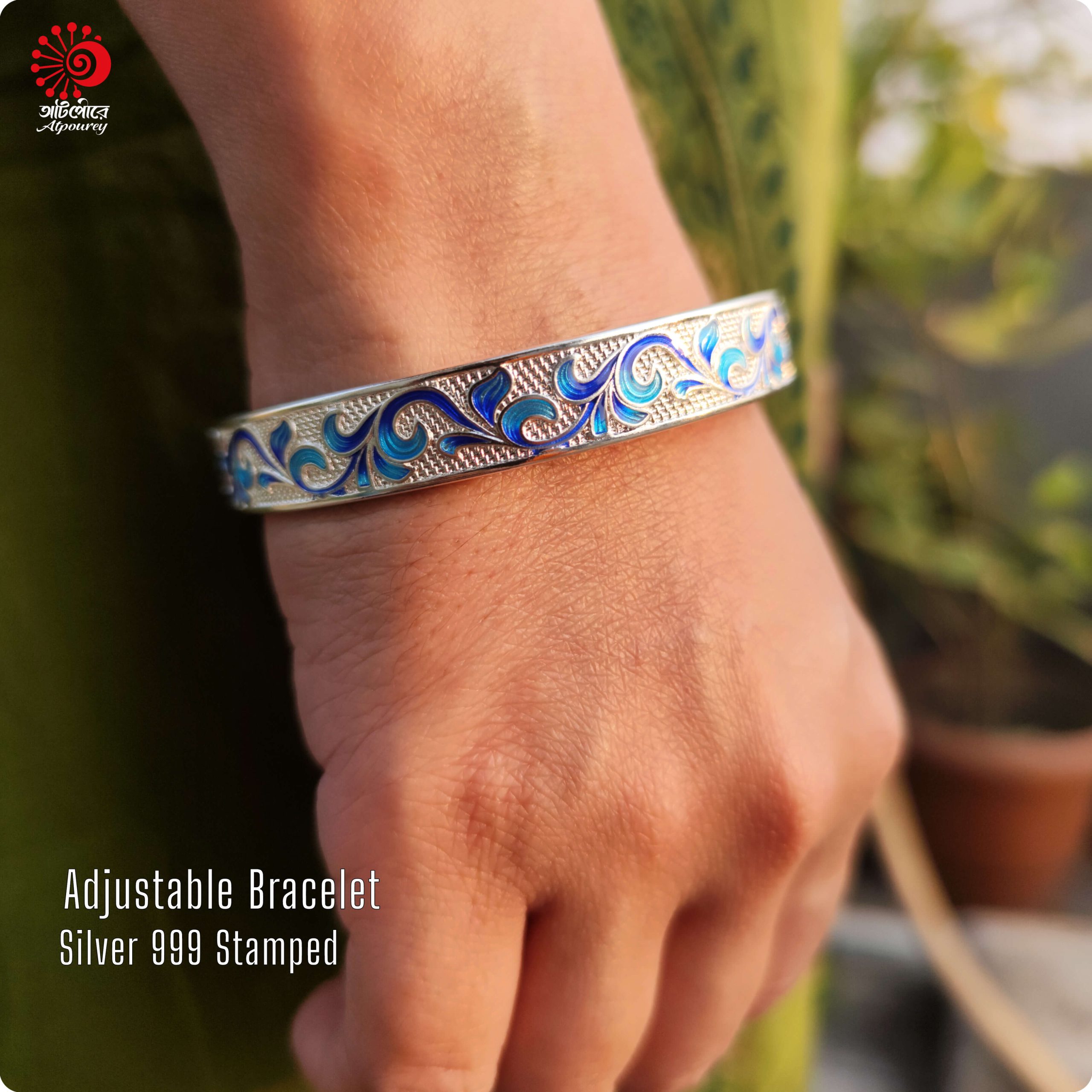 Adjustable Bracelet with 999 Stamped Blue enamel work