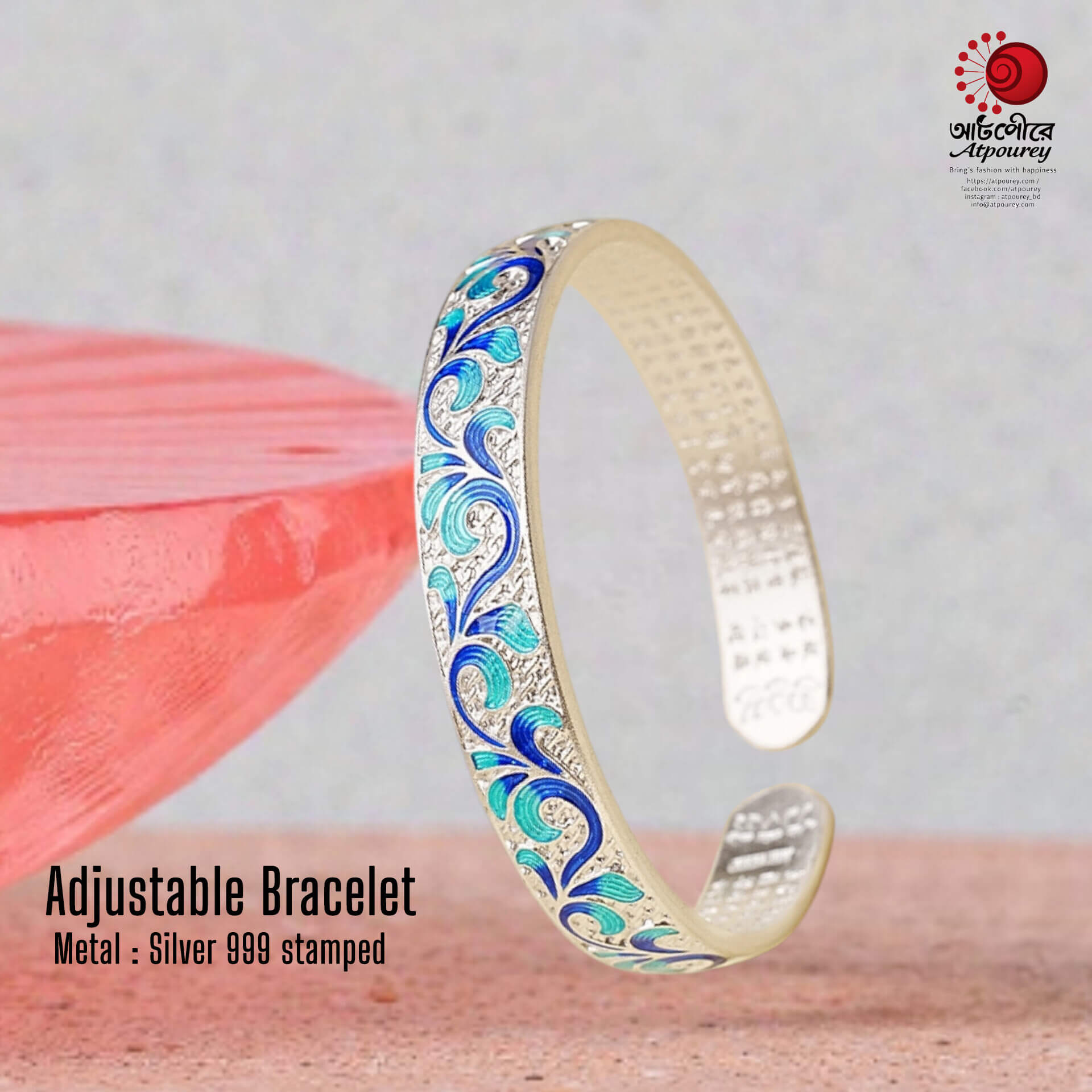 Adjustable Bracelet with 999 Stamped Blue enamel work - Image 6